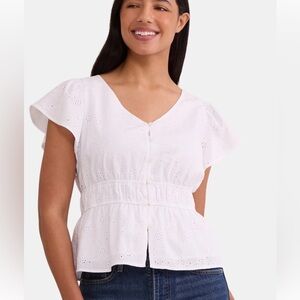 Time and Tru White Eyelet Button-Front Flutter Sleeve Top XL(16-18) NWOT cotton
